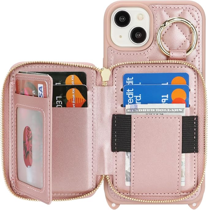 Crossbody Wallet Case for iPhone 14 Plus, PU Leather Zipper Handbag Purse Flip Cover, Kickstand Folio Case with Card Slots Holder Wrist Strap Lanyard 5G 6.7 Inch-Rose Gold