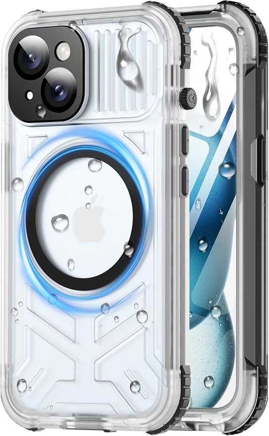 for iPhone 15 Waterproof Case with Magsafe, Built-in [Camera & Screen Protector] [Lanyard], IP68 Water Proof Full Body Dustproof Heavy Duty Frosted Protective Phone Cover, 6.1" Black