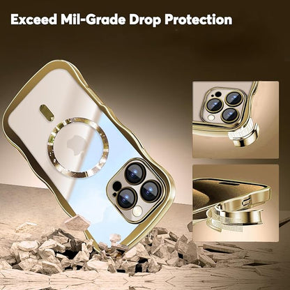 Misscase Designed for iPhone 16 Pro Case 6.3",with Privacy Screen Protector*1,Cute Wave Frame Case with Camera Lens Protector,Compatible with MagSafe Plating Bling for Women Gold