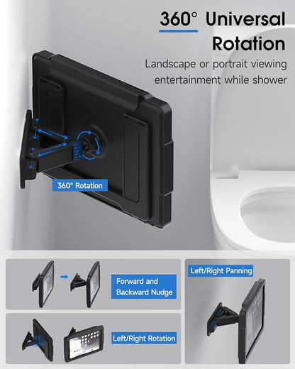 Mistriddle Shower iPad Holder Waterproof with 480° Rotation Retractable Adjustable, Wall Mount Up to 11", Shower Tablet Holder for Bathroom Bathtub, 2 Adhesive, Fit for iPad, iPad Pro 11 (Black)