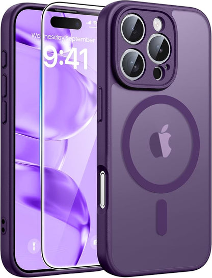FNTCASE for iPhone 16 Pro Case: [Compatible with Magsafe] Translucent Matte Cases with [Full Camera Protection] [Screen Protector] Military Grade Shockproof Protective Phone Cover - Purple
