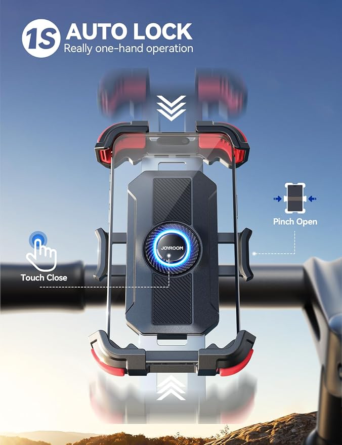 JOYROOM Motorcycle Phone Mount Holder, [Metal Tie Rod][1s Auto Lock] Bike Phone Mount Holder Handlebar Clamp - [No Shake] Bicycle E-Bike Scooter Phone Holder for iPhone 16/15 Pro Max and so on