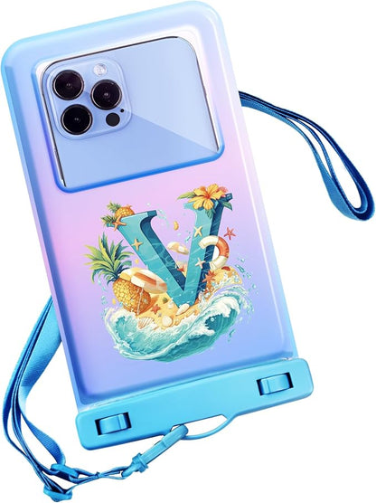 Personalized Initial Waterproof Phone Pouch Case - IPX8 Cellphone Dry Bag with Lanyard for iPhone 16/15/14/13/12 Pro Max (6.1–6.9"), Beach & Cruise Ship Essentials with Monogrammed Design (Blue, V)