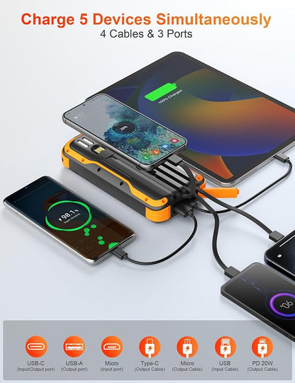 Solar Charger Power Bank, PD 20W Fast Charging External Batter, 40000mAh Portable Phone Charger Built in 4 Cables with Dual Bright Flashlights for Camping, Hiking, and Outdoor Use