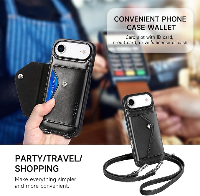 LUCKYCOIN for iPhone Air Crossbody Wallet Case – Genuine Leather Phone Purse with Adjustable Strap and Card Holder,Lanyard Phone Purse Case for Women,Vintage Black