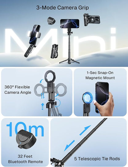 MAGIC JOHN Phone Tripod with 2 Selfie Light, Portable Pocket Size Selfie Stick for iPhone Magsafe, Selfie Stick with Detachable Remote Control for Photograph, Live Streaming, Video Recording