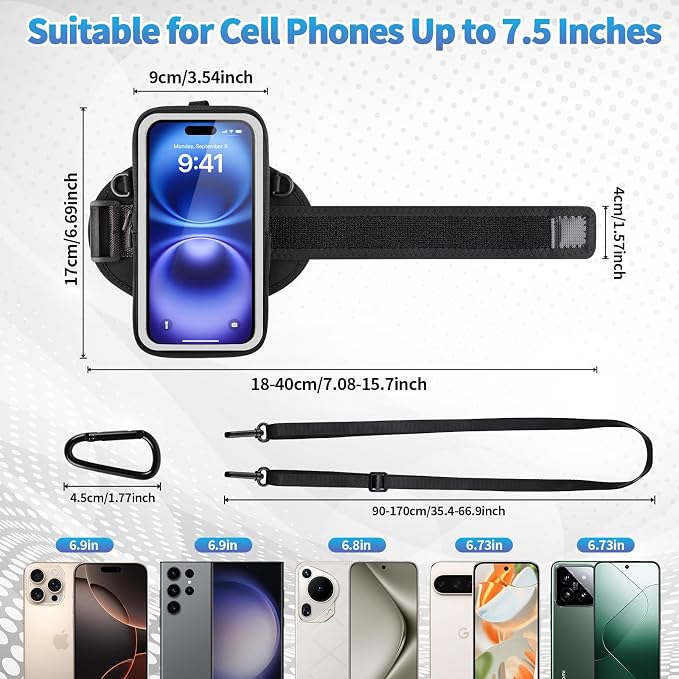 Running Phone Holder, Cell Phone Armband, Clear Crossbody Phone Pouch Purse with Adjustable Strap, Arm Bag with Carabiner, Fits iPhone 17/16/15/14 Pro Max & Galaxy S25 S24 S23[Up to 7.0 inch]