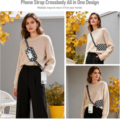 Clip and Go Strap for Phone with Wallet Crossbody Phone Lanyard and Detachable Checkered Bag with ID Window and RFID Pouch for Daily Travel.