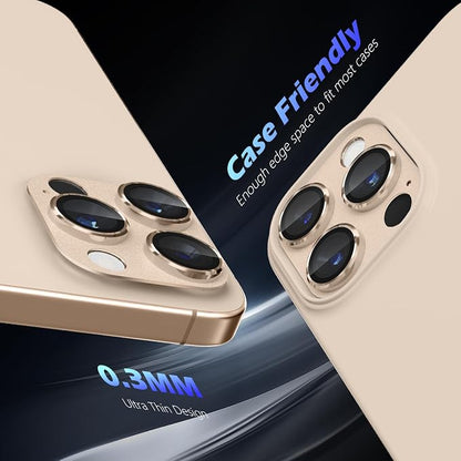 imluckies Alloy Metal Camera Lens Protector for iPhone 16 Pro / 16 Pro Max / 14 Pro / 14 Pro Max, 9H Tempered Glass, Ultra HD, Anti-Scratch, Strong Adhesion, Case Friendly, Desert Titanium