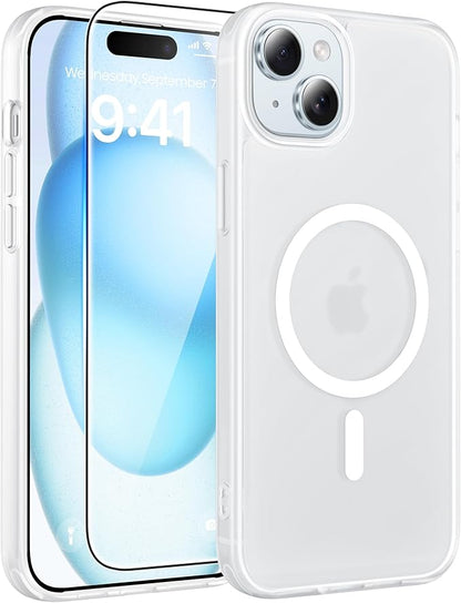 FNTCASE for iPhone 15 Case: for iPhone 14 Case & iPhone 13 Case [Compatible with Magsafe] Translucent Matte Cases with [Screen Protector] Military Grade Shockproof Protective Phone Cover - White
