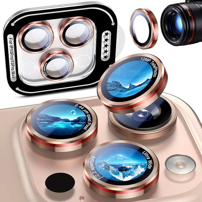 Uyiton for iPhone 13 Pro Max/13 Pro Camera Lens Protector - [2025 Design] Military-Grade Tempered Glass Metal Camera Cover, Outdoor/Travel/Daily Use, Gold+Red