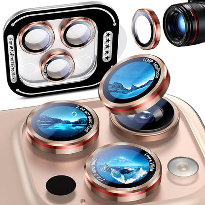 Uyiton for iPhone 13 Pro Max/13 Pro Camera Lens Protector - [2025 Design] Military-Grade Tempered Glass Metal Camera Cover, Outdoor/Travel/Daily Use, Gold+Red