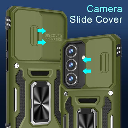 DEERLAMN Case for Samsung Galaxy A37 5G with Slide Camera Cover+Screen Protector (1 Pack), Rotated Ring Kickstand Military Grade Shockproof Protective Cover-Olive Green