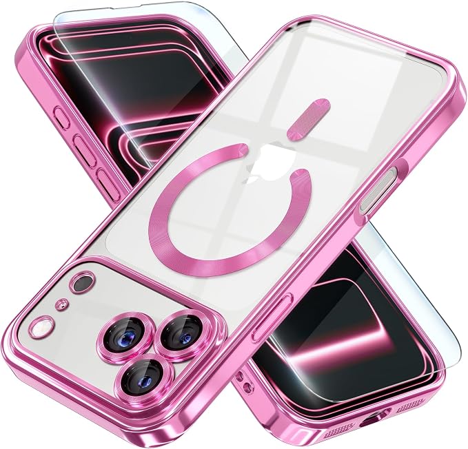 Misea Magnetic for iPhone 17 Pro Max Case Compatible with MagSafe [Never Yellowing] [Military Grade Drop Protection] Full Camera Lens Protector Plating Soft Clear Phone Case for Women, Hot Pink