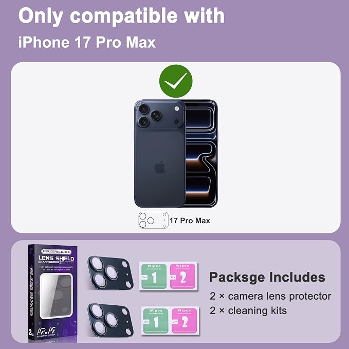 2 Pack Camera Lens Protector for iPhone 17 Pro Max,[Not Easy to Breakn ] AR Tempered Glass Strong Adsorption Metal Camera Cover Screen-Inky blue