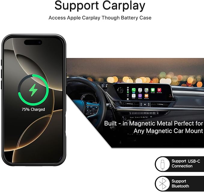 Battery Case for iPhone 16 Pro,2024Upgraded 10000mAh High Capacity Rechargeable Portable Extended Charger Case Wireless Charging Compatible with iPhone 16 Pro (6.3 inch) Charging Case &Carplay (Black)
