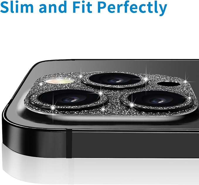 Compatible with iPhone 14 Pro and iPhone 14 Pro Max Camera Lens Protector, Bling Glitter 9H Tempered Glass Camera Cover Shockproof Lens Screen Full Protective Cover - Black
