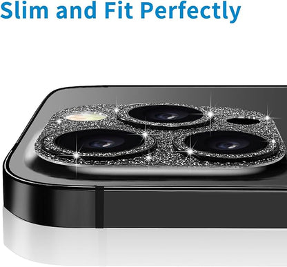 Compatible with iPhone 14 Pro and iPhone 14 Pro Max Camera Lens Protector, Bling Glitter 9H Tempered Glass Camera Cover Shockproof Lens Screen Full Protective Cover - Black