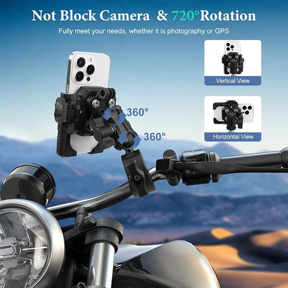 Universal Phone Mount for Bike/Motorcycle/Scooter/ATV, 720° Rotatable Anti-Shake Holder with One-Hand Quick Release &Secure Lock Knob, Fits 5.4-7.2” iPhone 16/15/14/13 Pro Max, 75026