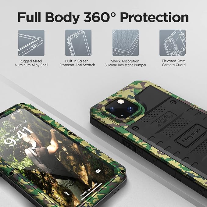 Mitywah Waterproof Case for iPhone 14, Heavy Duty Shockproof Case with Built-in Screen Protector, Full Body Underwater Protective Metal Case 6.1 inch, Camouflage