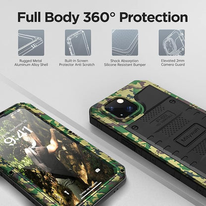Mitywah Waterproof Case for iPhone 14, Heavy Duty Shockproof Case with Built-in Screen Protector, Full Body Underwater Protective Metal Case 6.1 inch, Camouflage