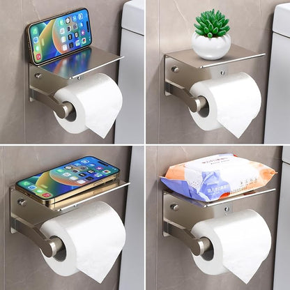 Homely Trove Toilet Paper Holder with Shelf - Self Adhesive Tissue Towel Dispenser or Wall Mounted Toilet Paper Roll Holder - Rustproof Bathroom Phone Holder Tissue Holder Brushed Nickel