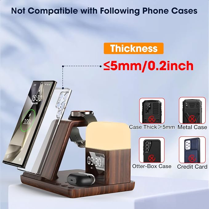 Wireless Charger for Samsung/Android, 6 in 1 Phone Nightstand Charging Station Charger with Alarm Clock/Night Light for Samsung S25/S24/S23 Ultra/Buds3,Watch Charger for Galaxy Watch 8/7/6/5-Wood