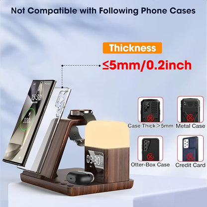 Wireless Charger for Samsung/Android, 6 in 1 Phone Nightstand Charging Station Charger with Alarm Clock/Night Light for Samsung S25/S24/S23 Ultra/Buds3,Watch Charger for Galaxy Watch 8/7/6/5-Wood