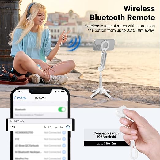 NEEWER BASICS Magnetic Selfie Stick Tripod Compatible with Magsafe iPhone Samsung Android, Portable Extendable Desk Stand with Cell Phone Grip Holder Detachable Remote for Video Recording, PA985 White