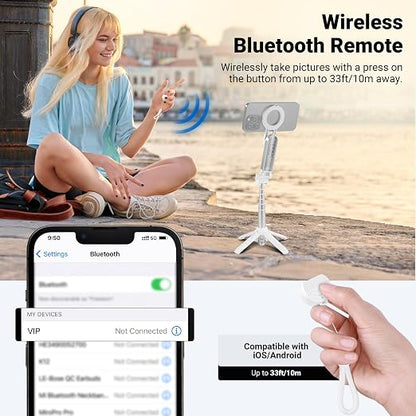 NEEWER BASICS Magnetic Selfie Stick Tripod Compatible with Magsafe iPhone Samsung Android, Portable Extendable Desk Stand with Cell Phone Grip Holder Detachable Remote for Video Recording, PA985 White