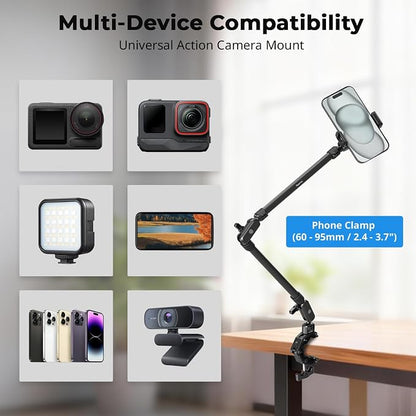 SmallRig 25.9" Magic Arm with Super Clamp, Overhead Phone Mount, Flexible Desk Camera Mount with 1/4" Screw and Cable Clip, Max Load 2.2lb, for iPhone, Action Camera, Video Light, Webcam, Mic - 5625