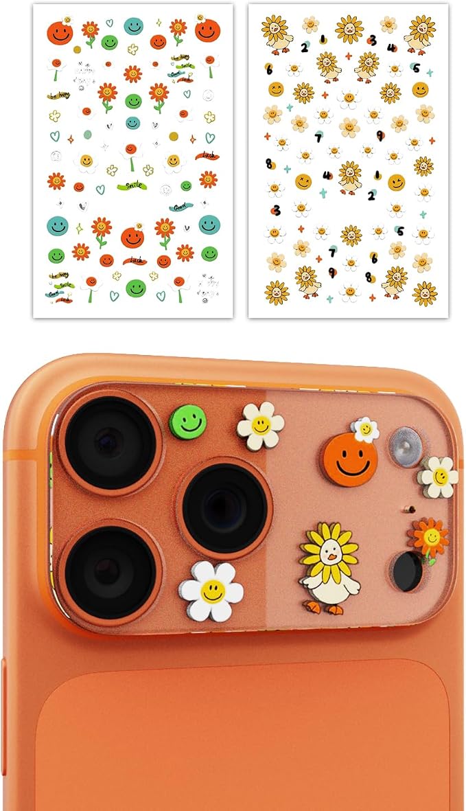 2-Pack Camera Lens Protector for iPhone 17 Pro, Premium Acrylic Cover, Case Friendly, Lens Opening Design, No Affect on Night Shots, Featuring DIY Cartoon Stickers - Cartoon Flower