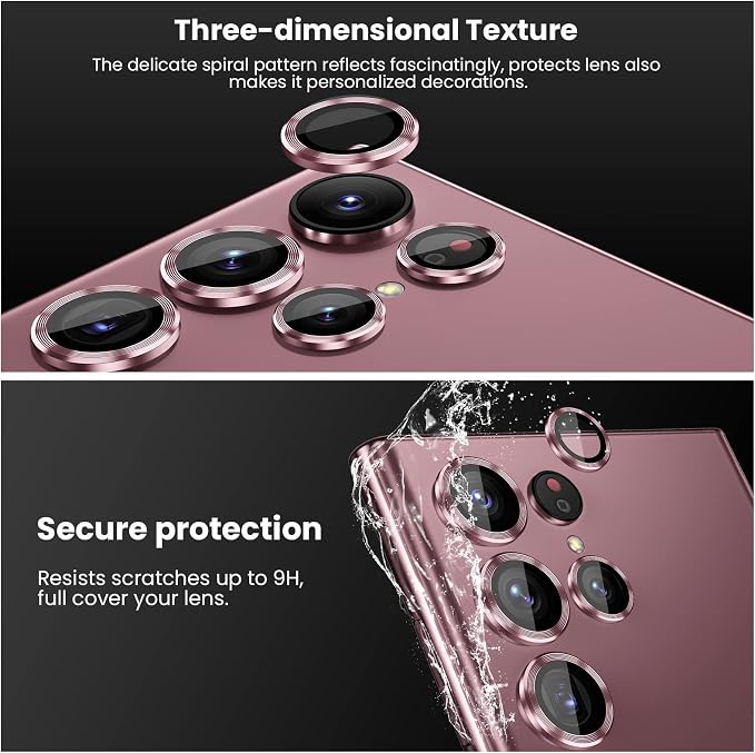 Tensea [3+2PCS for Samsung Galaxy S22 Ultra Camera Lens Protector, 9H Tempered Glass Camera Cover Screen Protector Metal Individual Ring, S22 Ultra 5G 2022 [Installation Tray][Removal tool]-Burgundy
