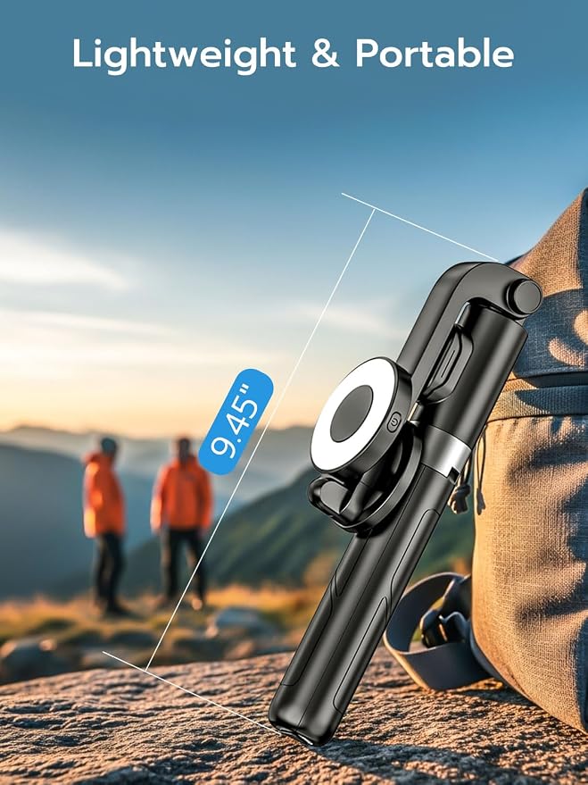 USKEYVISION Magnetic Selfie Stick Tripod with Light & Remote, Phone Tripod with Magnetic Holder for Magsafe, 360° Rotatable Cellphone Stand for iPhone/Android for Video Recording, Vlogging(SPT-02)