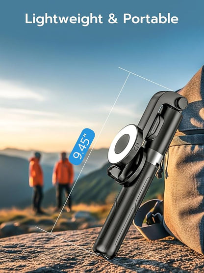 USKEYVISION Magnetic Selfie Stick Tripod with Light & Remote, Phone Tripod with Magnetic Holder for Magsafe, 360° Rotatable Cellphone Stand for iPhone/Android for Video Recording, Vlogging(SPT-02)