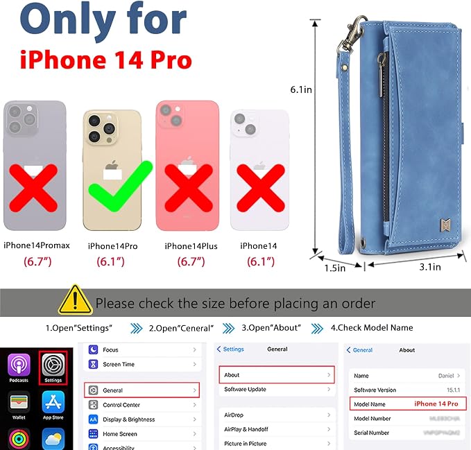 Wallet Case for iPhone 14 Pro with Card Holder/Crossbody Wallet/Strap| RFID Blocking | Magnetic | Kickstand | Detachable | PU Leather Phone Case for iPhone 14 Pro,6.1 in,Sky Blue