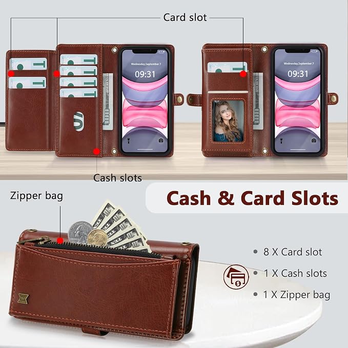 Wallet Case for iPhone 11 with Card Holder/Crossbody Wallet/Strap| RFID Blocking | Magnetic | Kickstand | Detachable | PU Leather Phone Case for iPhone 11,6.1 in,Brown