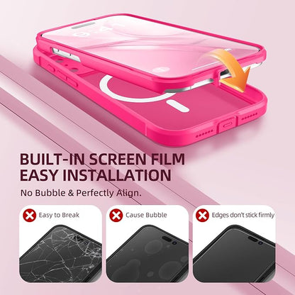 BERFY for iPhone 17 Pro Case, Compatible with MagSafe, Built-in Glass Screen Protector, Camera Protection, Shockproof Full Body Phone case 6.3", Translucent Hot Pink