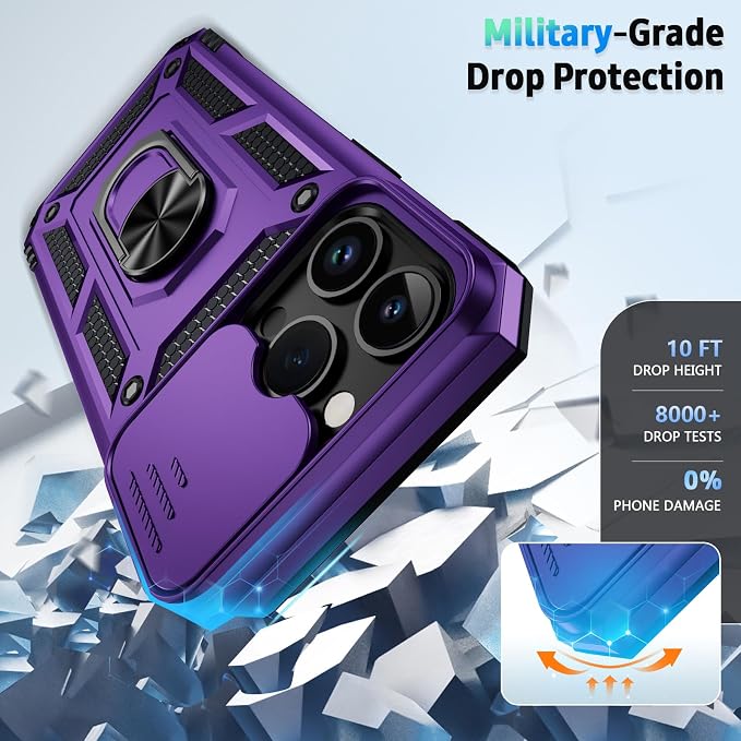 Weycolor for iPhone 14 Pro Max Case with Camera Lens Cover, HD Screen Protector, 10 FT Military Grade Drop Protection, Magnetic Ring Holder Kickstand Protective Phone Case, Deep Purple