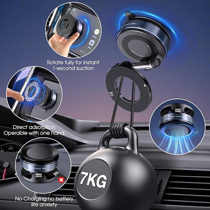 360° Rotatable Vacuum Magnetic Phone Holder, Foldable and Retractable Suction Cup Car Phone Mount for Car/Gym/Mirror/Smooth Surface, Compatible with iPhone Android and All Smartphones (Black)