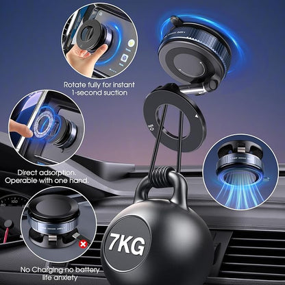 360° Rotatable Vacuum Magnetic Phone Holder, Foldable and Retractable Suction Cup Car Phone Mount for Car/Gym/Mirror/Smooth Surface, Compatible with iPhone Android and All Smartphones (Black)