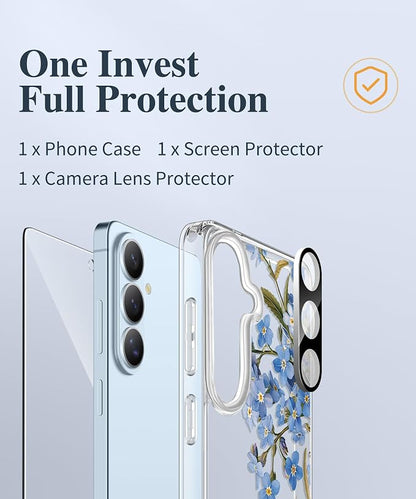 GVIEWIN for Samsung Galaxy S26 Case, Clear Floral Slim Shockproof Protective Women Phone Case, Non-Yellowing, with Screen Protector & Camera Lens Protector for Galaxy S26 6.3", Aconite/Blue