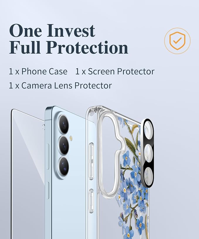 GVIEWIN for Samsung Galaxy S26 Plus Case, Clear Floral Slim Shockproof Protective Women Phone Case, Non-Yellowing, with Screen Protector&Camera Lens Protector for S26 Plus 6.7", Aconite/Blue