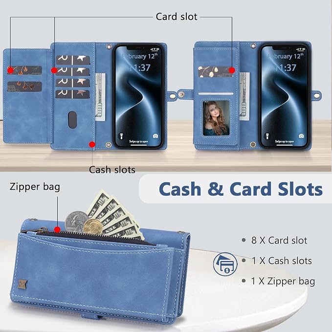 Wallet Case for iPhone 12/12 Pro with Card Holder/Crossbody Wallet/Strap| RFID Blocking | Magnetic | Kickstand | Detachable | PU Leather Phone Case for iPhone 12/12 Pro,6.1 in,Sky Blue