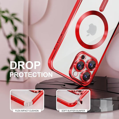 Misea Magnetic for iPhone 16 Pro Max Case Compatible with MagSafe [Never Yellowing] [Military Grade Drop Protection] Full Camera Lens Protector Plating Soft Clear Phone Case for Women 6.9", Red