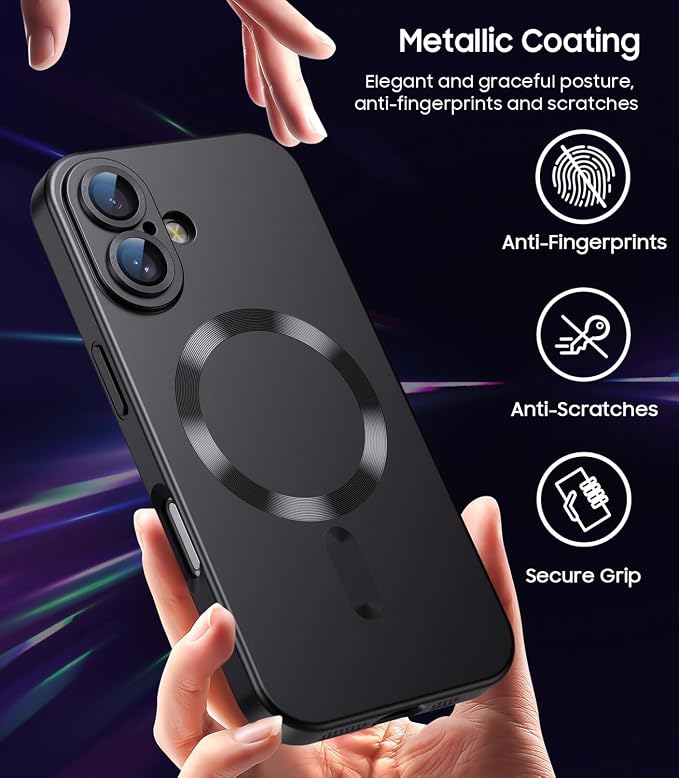 Magnetic for iPhone 17 Case [Compatible with MagSafe][Built-in Camera Lens Protector] Slim Thin Soft Silicone Bumper Shockproof Metallic Luster Phone Case (Black)