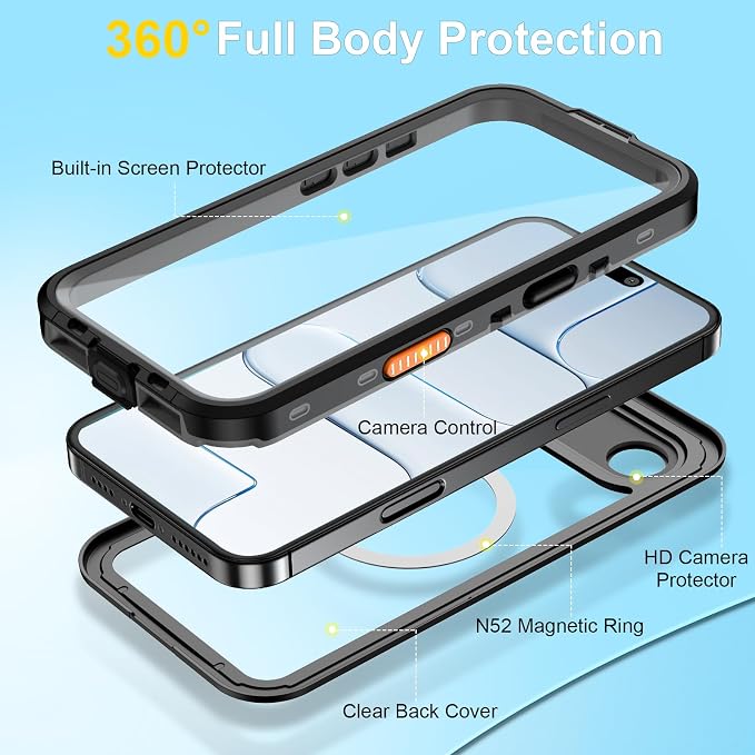 Beasyjoy Magnetic for iPhone Air Case, IP68 Waterproof Shockproof Case, Built-in Screen & Full Body Protection, Heavy Duty Rugged 12 FT Military Dropproof Cover with Lanyard for Outdoor, 6.5’’ Black