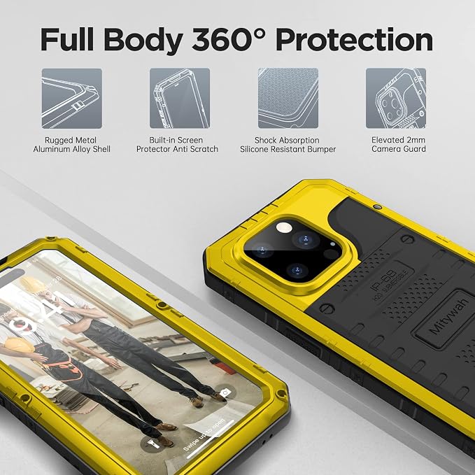 Mitywah Waterproof Case for iPhone 14 Pro Max, Heavy Duty Shockproof Case with Built-in Screen Protector, Full Body Underwater Protective Metal Case 6.7 inch, Yellow