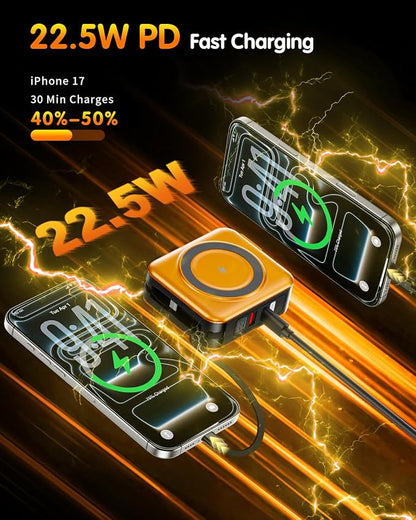 10000mAh for Magsafe Portable Charger Built-in Cables & AC Wall Plug,Orange | 6-in-1,PD 22.5W USB C Fast Charging,15W Magnetic Wireless Charging,Charge 5 devices at once,LED Display Travel Power Bank