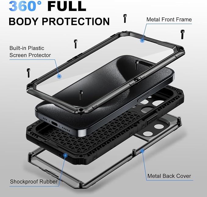Beasyjoy for iPhone 15 Pro Case Waterproof, Metal Full Body Phone Case with Built-in Screen Protector, Military Grade Heavy Duty Defender Armor Shockproof Rugged Cover for iPhone 15 Pro 6.1", Black